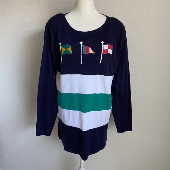 NWT Vintage Jason Maxwell Womens Large Sweater Navy Stripes w Flags 100% Cotton - Picture 1 of 8